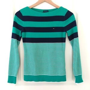 Tommy Hilfiger Green Navy White Stripe Slim Cotton Sweater